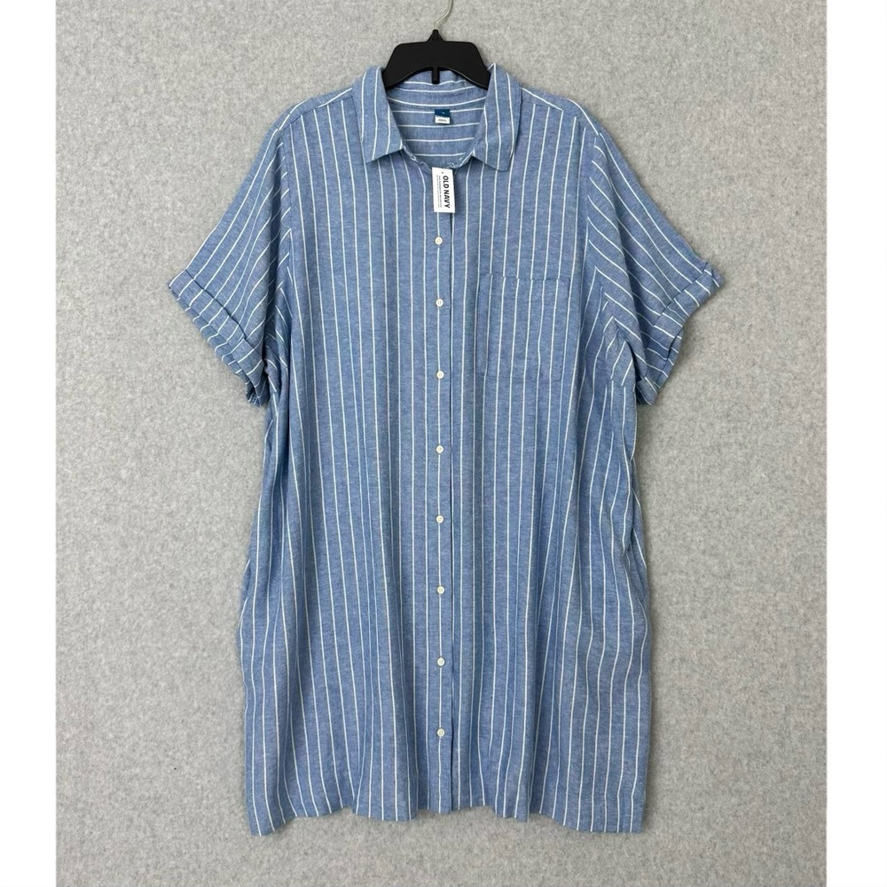 Old Navy Shirt Dress Womens XXL Blue Striped Button Up Beach Boho Lagenlook NWT
